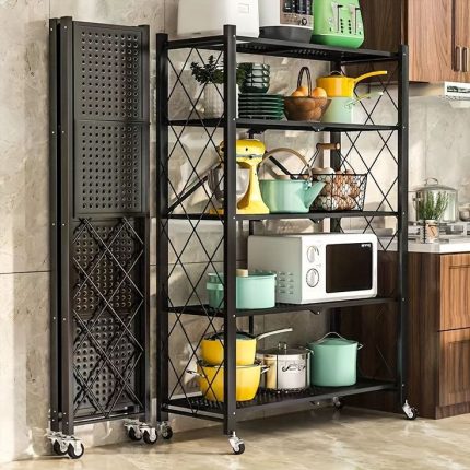 Foldable Multipurpose Kitchen Rack with Shelves & Wheels – Portable Storage Organizer